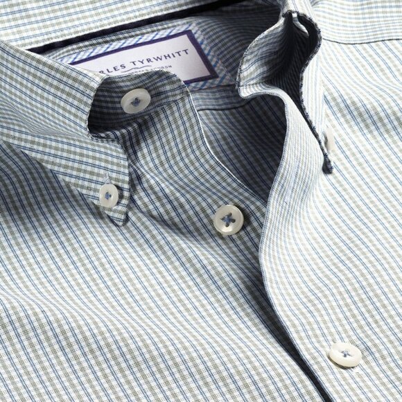 Charles Tyrwhitt Olive Green Button-Down Collar Non-Iron Oxford Twin Check - Picture 1 of 1